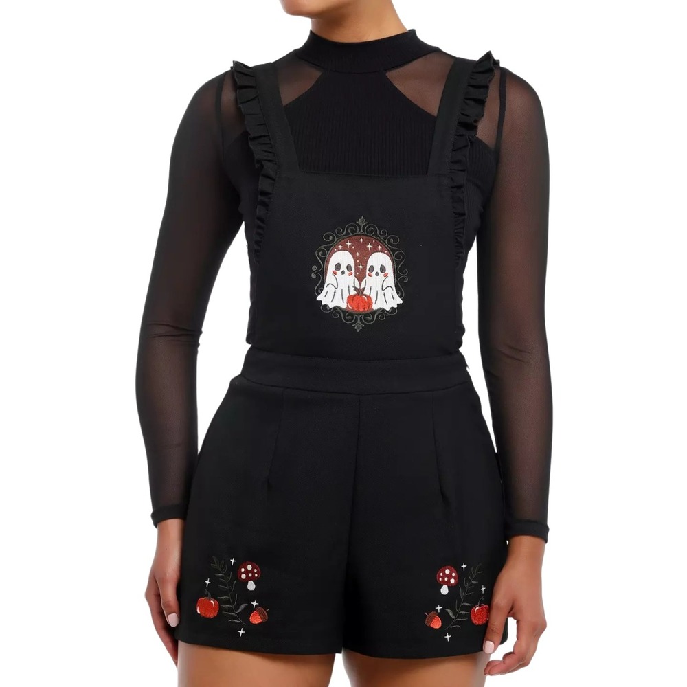 Hot Topic Shortalls Womens 2X Ghost Mushroom Embroidered Ruffle Romper Grunge